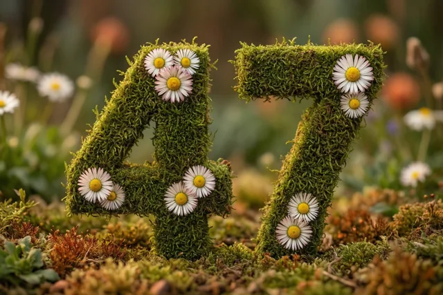 Een mossige groene haag vormt het getal 47 met witte madeliefjes in een landelijke tuin, met onscherp gebladerte op de achtergrond.