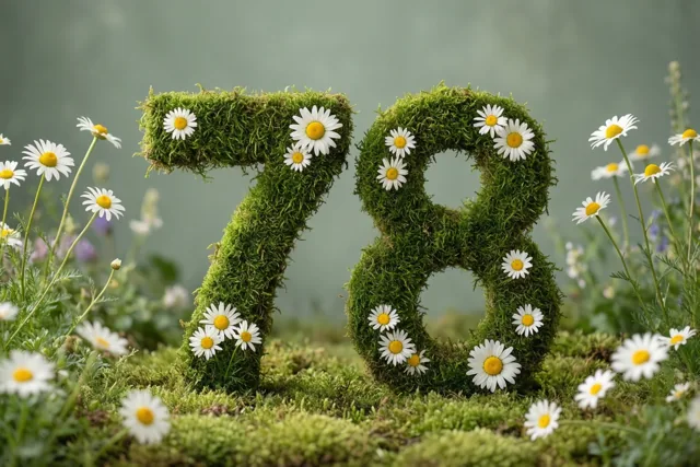 Een mosgroene haag in de vorm van 78 is versierd met witte madeliefjes met gele hartjes in een landelijke tuin.