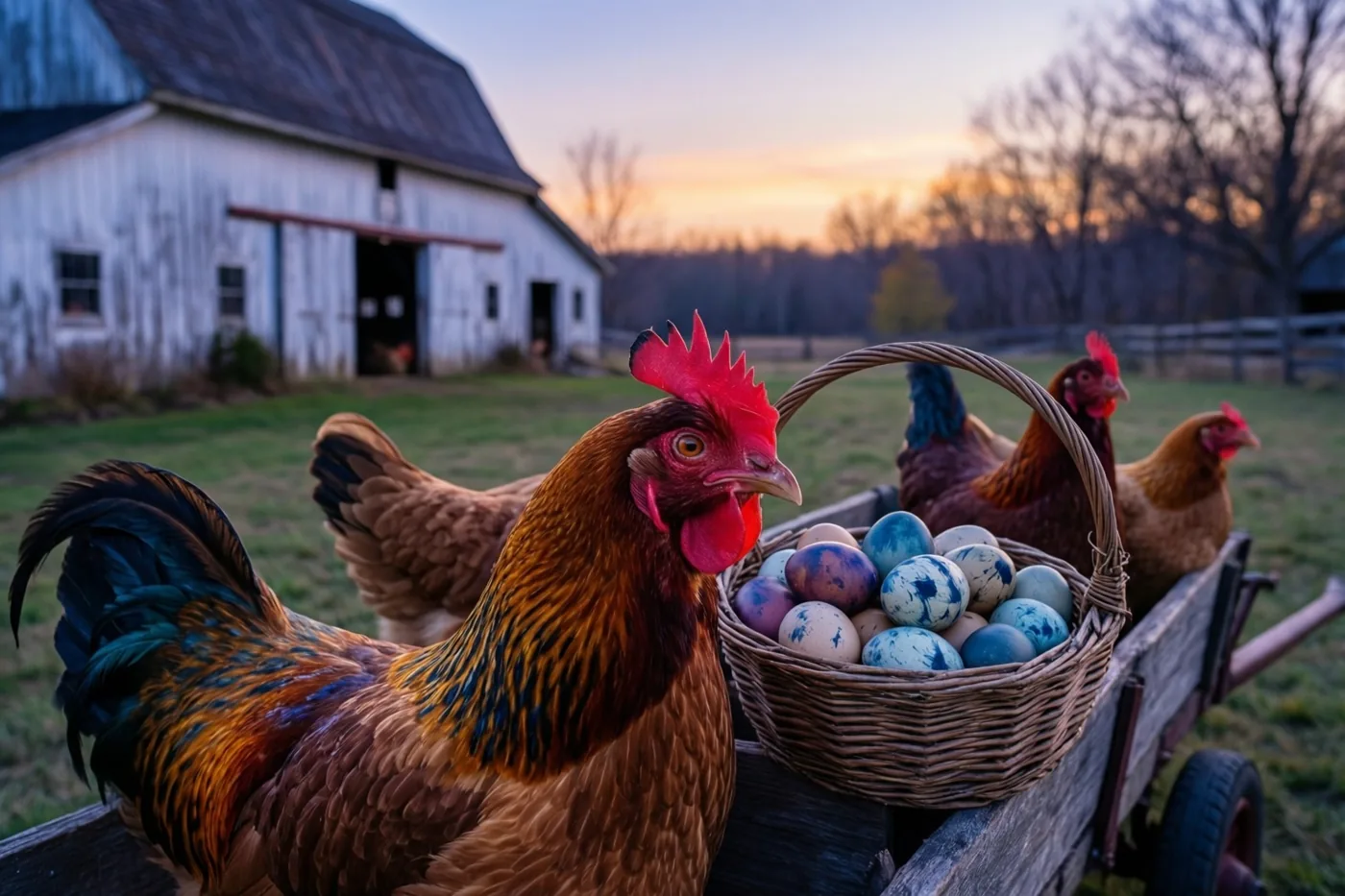 Een haan en kippen zitten in een houten kar met een mand gekleurde eieren op een boerenerf, met een witgekalkte schuur op de achtergrond in zacht zonsonderganglicht.