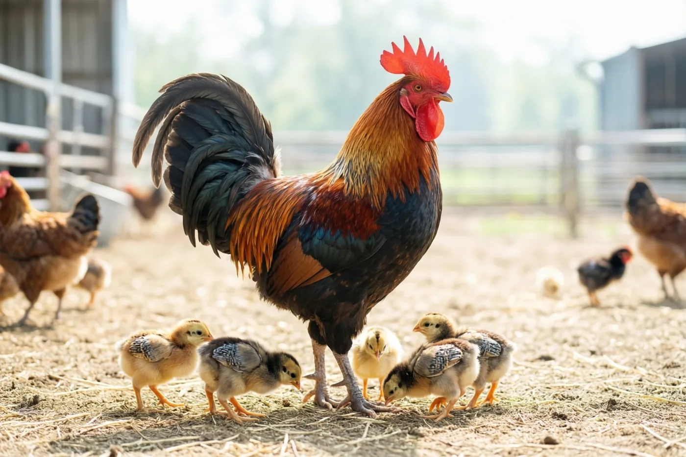 Een haan met een rode kam en glanzende veren staat op een zonnig erf, met donzige kuikens die bij zijn poten in de droge aarde pikken en onscherpe schuren op de achtergrond.