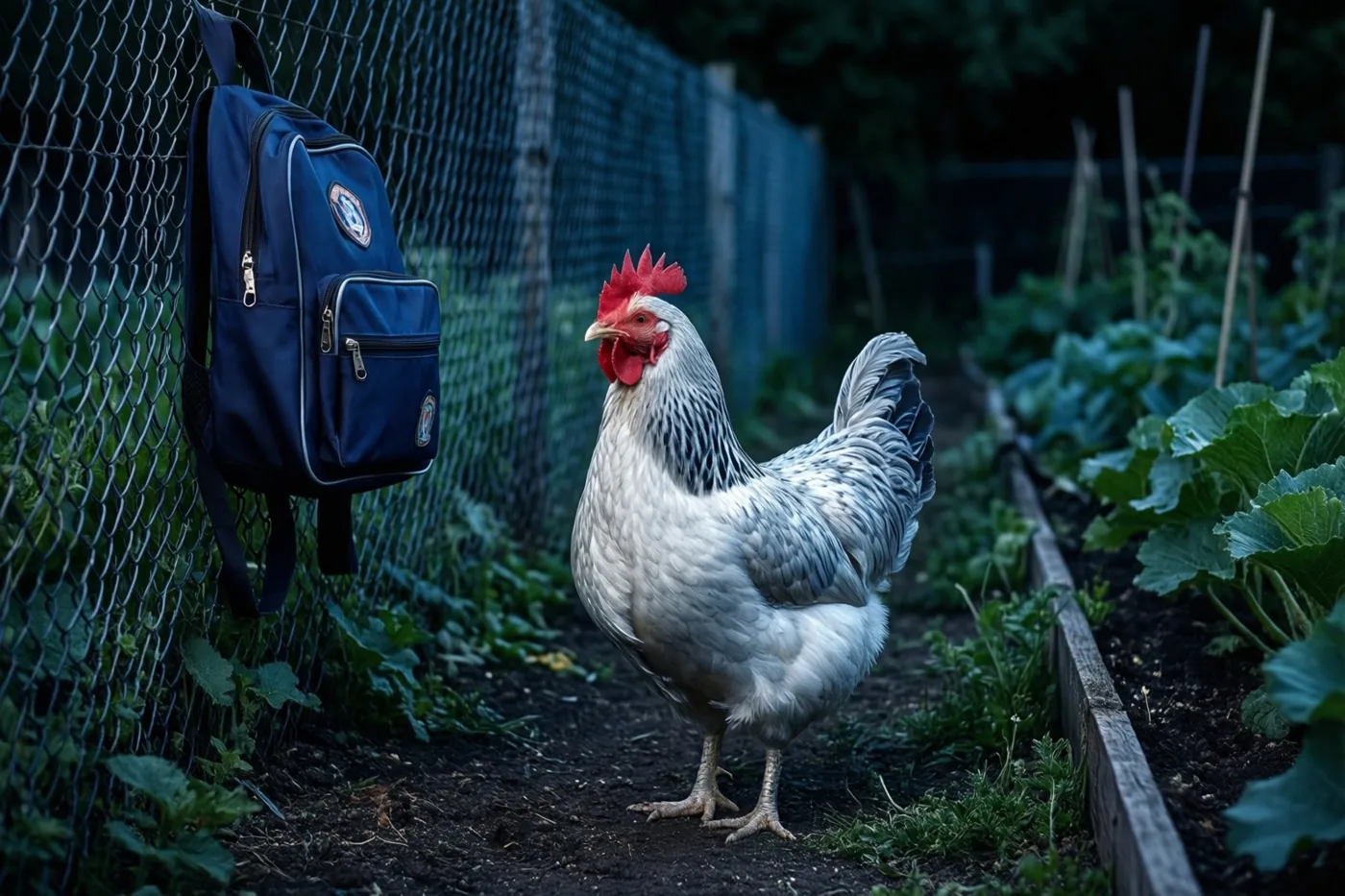 Een haan met witte en grijze veren staat op een tuinpad naast een draadhek met een blauwe boekentas, met groene planten en donkere aarde op de achtergrond.