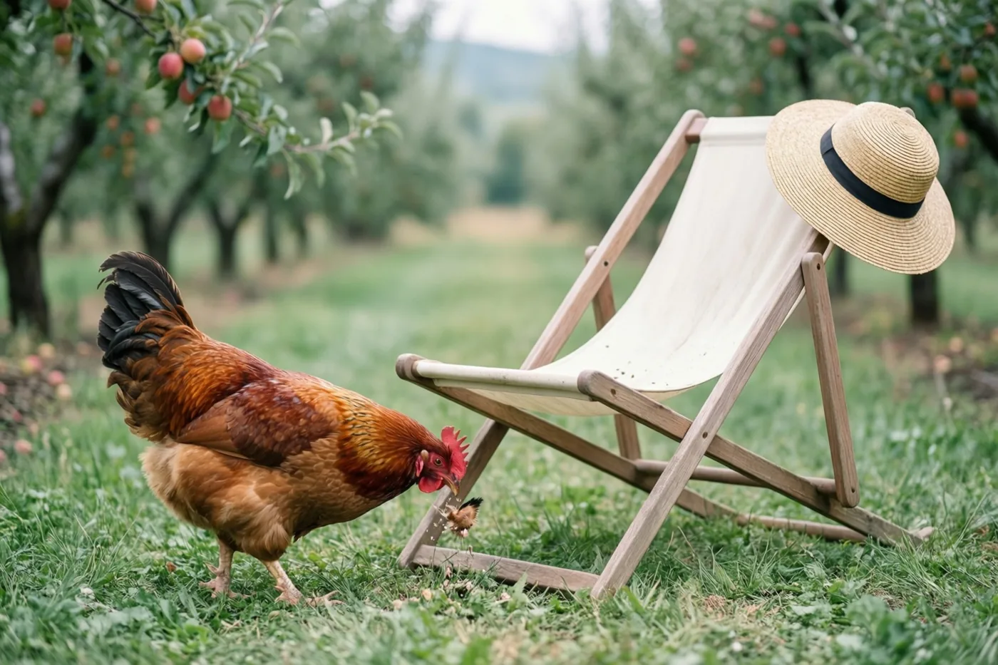 Een haan pikt in het gras naast een houten ligstoel met een strohoed op de rugleuning, in een appelboomgaard in zacht daglicht.