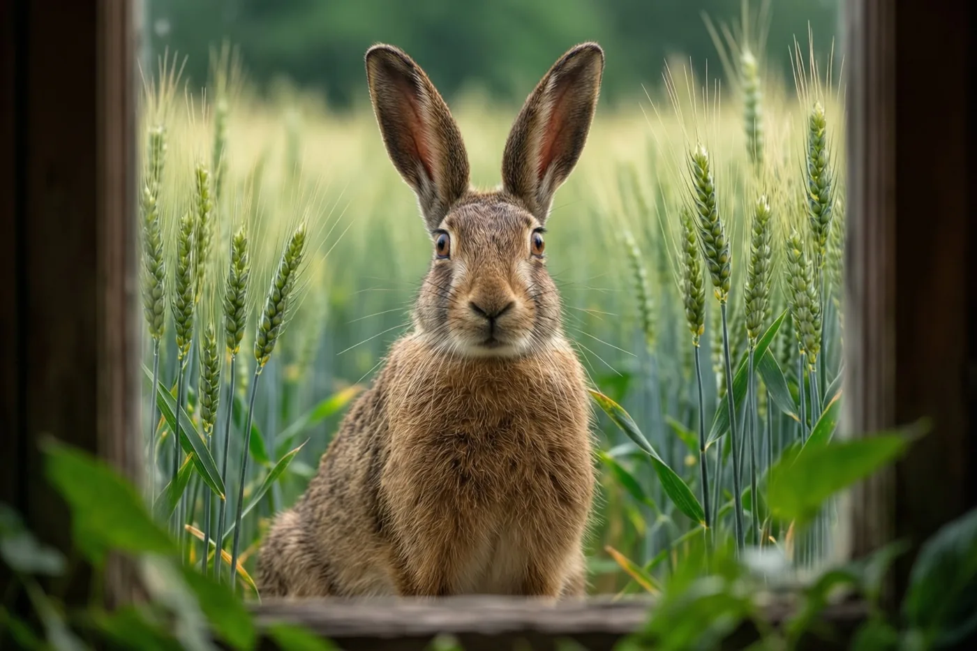 Een haas zit rechtop in een veld jonge tarwe, gezien door een opening met een houten omlijsting in zacht daglicht.