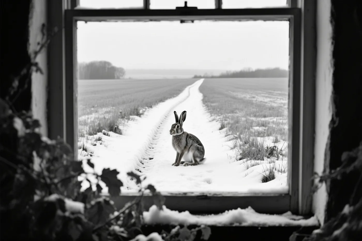 Door een raamkozijn is een haas te zien in een besneeuwde voor in een open veld, weergegeven in één kleurtoon.