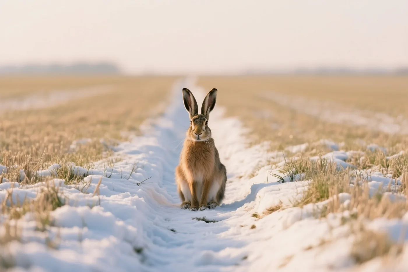 Een haas zit rechtop in een besneeuwde voor die door een open veld loopt, in zacht en warm licht.