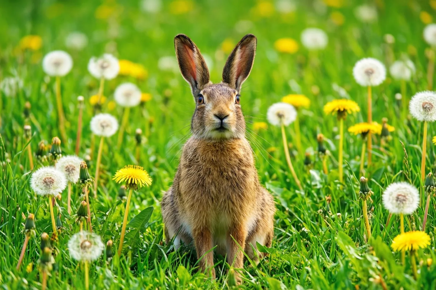 Een haas zit rechtop in een felgroen veld met gele paardenbloemen en witte paardenbloempluizen.