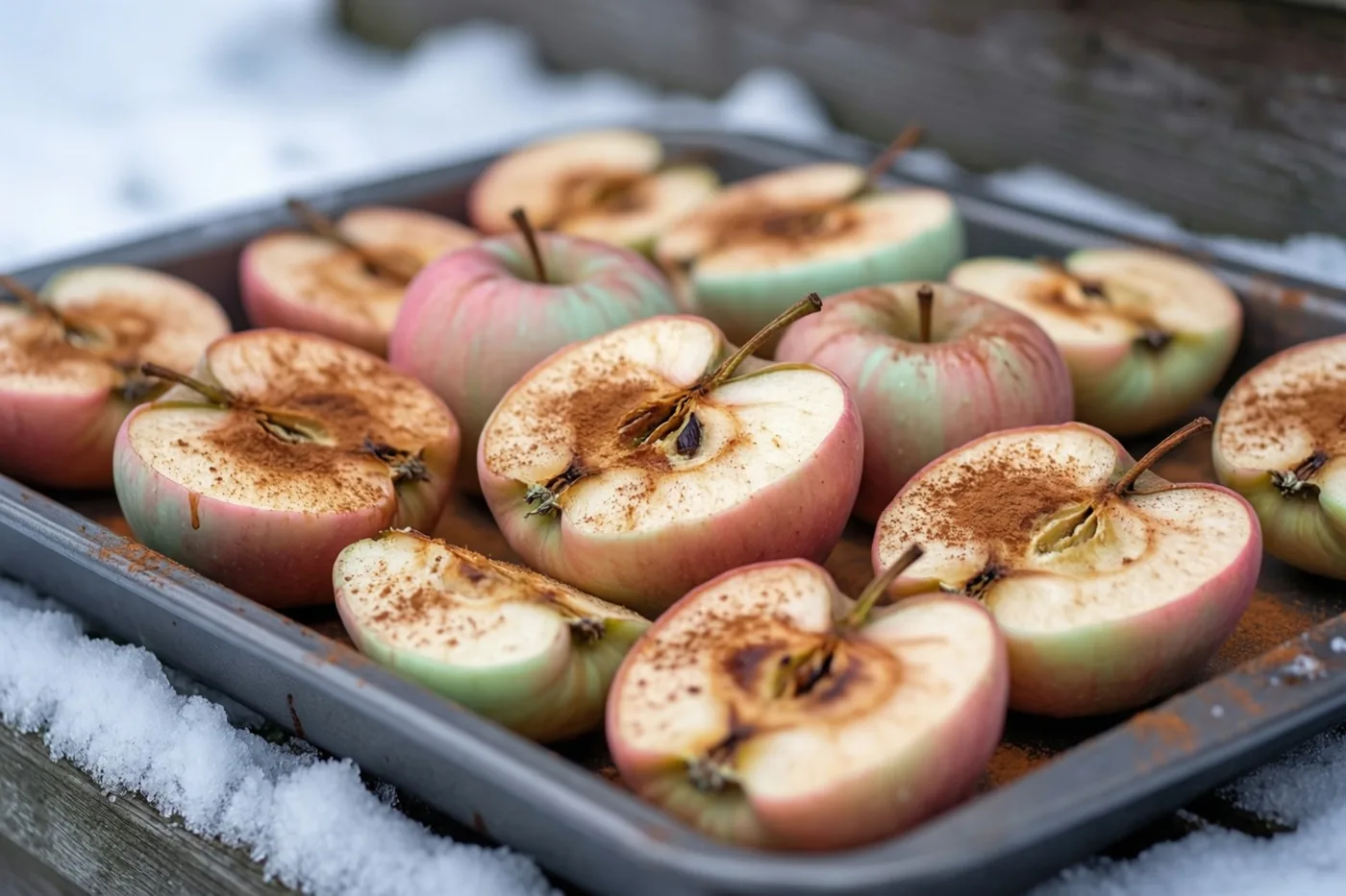 Een metalen schaal met halve appels bestrooid met kaneel staat buiten op besneeuwd hout tegen een rustieke houten achtergrond.