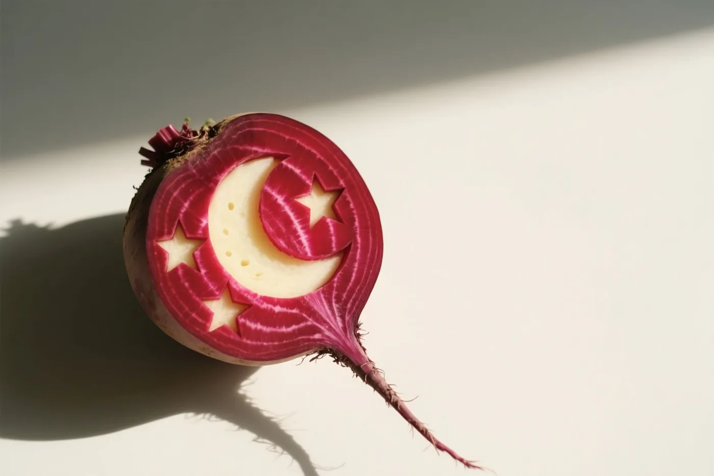 Een gehalveerde suikerbiet met een uitgesneden maansikkel en sterren is van dichtbij te zien tegen een witte achtergrond, met fel zijlicht en sterke schaduwen.