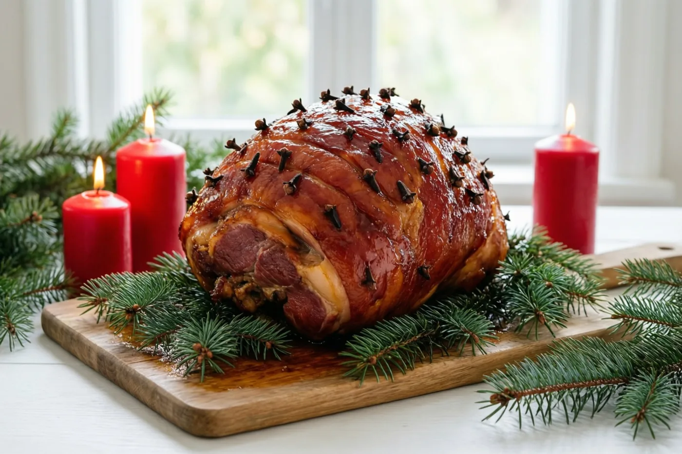 Een geglaceerde ham met kruidnagels ligt op een houten snijplank tussen dennentakjes en drie brandende rode kaarsen op een witte ondergrond, met een raam op de achtergrond.
