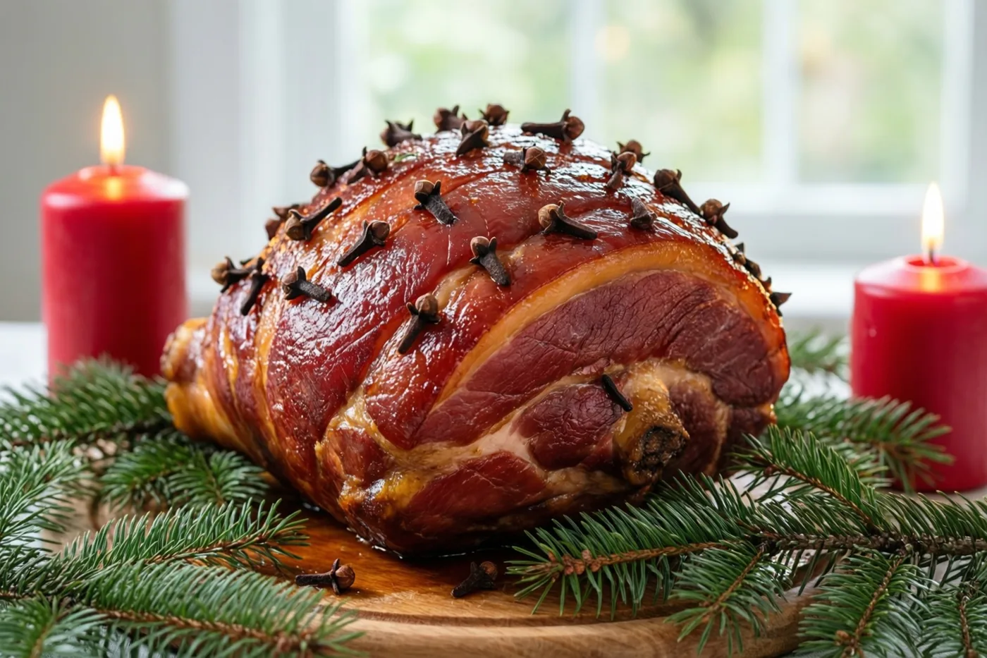 Een geglaceerde ham met kruidnagels ligt op een houten snijplank tussen groene dennentakjes en twee brandende rode kaarsen bij een raam.