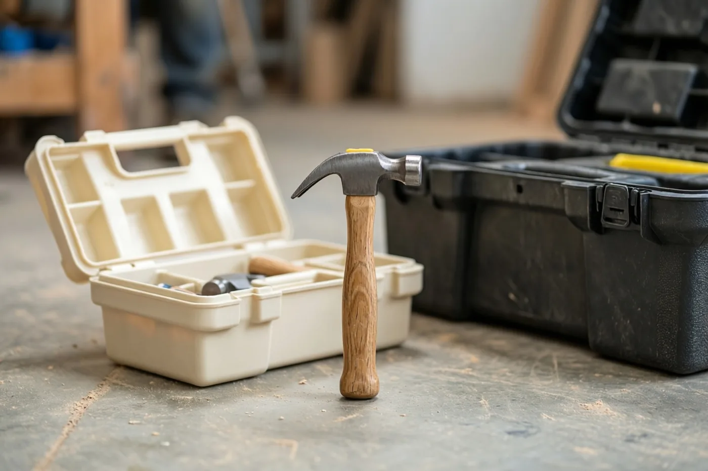 Een klauwhamer met een houten steel staat rechtop op een betonnen werkplaatsvloer tussen een open beige kunststof gereedschapskist en een grotere zwarte gereedschapskist.