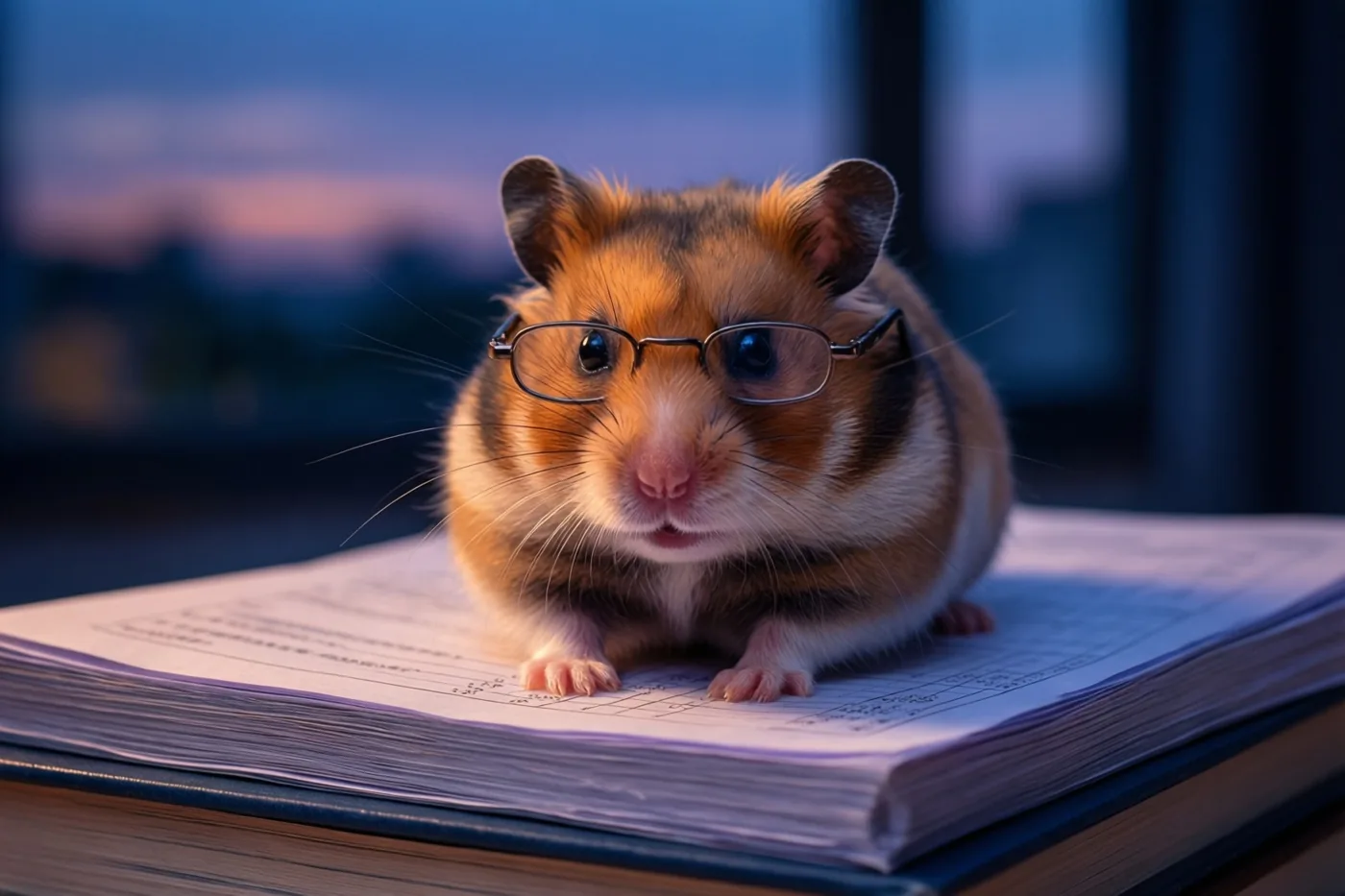 Een hamster met een brilletje zit op een stapel boeken voor een wazig raam in de schemering, in warme oranje en koele blauwe tinten.