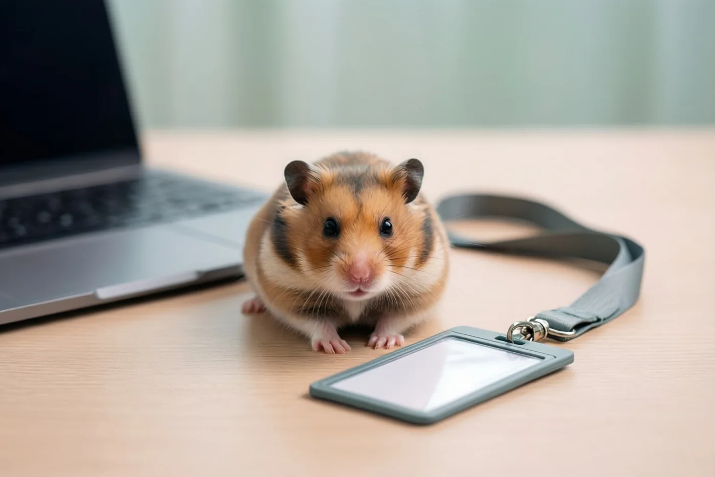 Een kleine hamster zit op een houten bureau naast een lege badgehouder aan een halslint, met een deel van een laptop op de zacht vervaagde achtergrond.