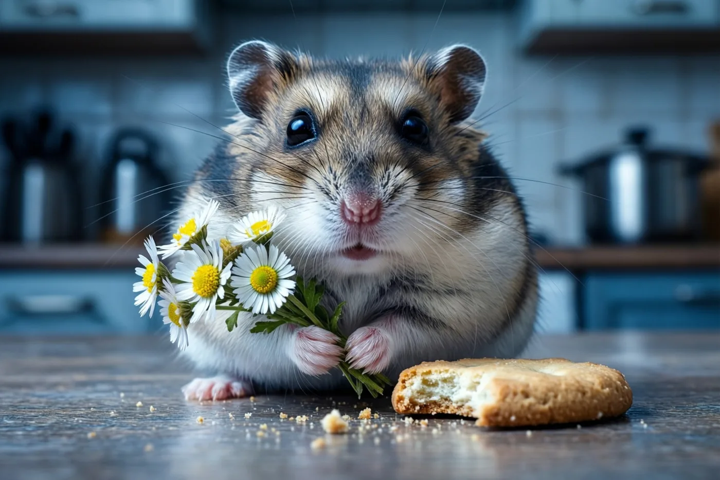 Een hamster met een boeketje madeliefjes zit op een zacht verlichte houten keukentafel naast een deels opgegeten koekje.