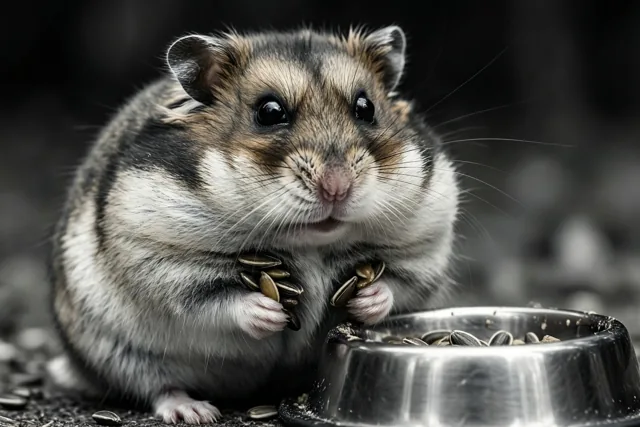 Een close-up toont een grijs-wit-bruine hamster met wangen vol zonnebloempitten naast een metalen voerbakje tegen een donkere, onscherpe achtergrond.