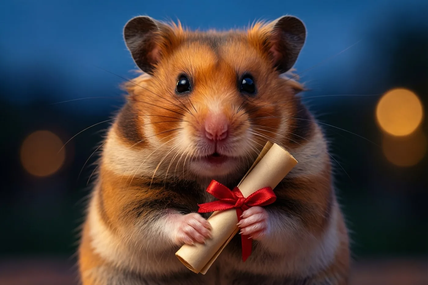 Een oranje-witte hamster houdt een opgerold diploma met een rood lint vast tegen een wazige blauwe achtergrond met warme lichtjes.