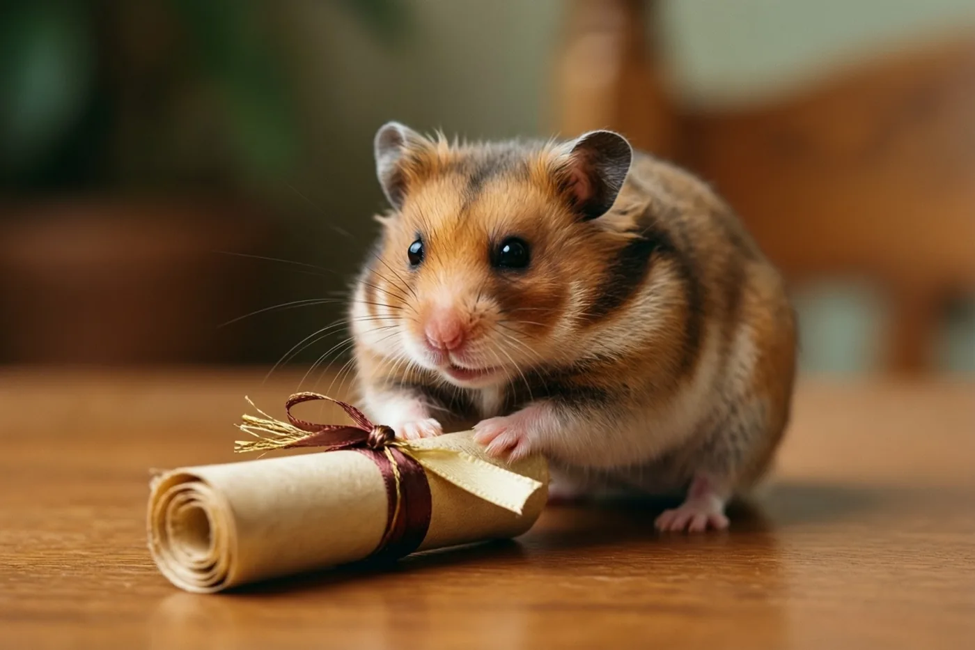Een bruin-witte hamster duwt een opgerold diploma met een lint over een houten bureau in warm licht.