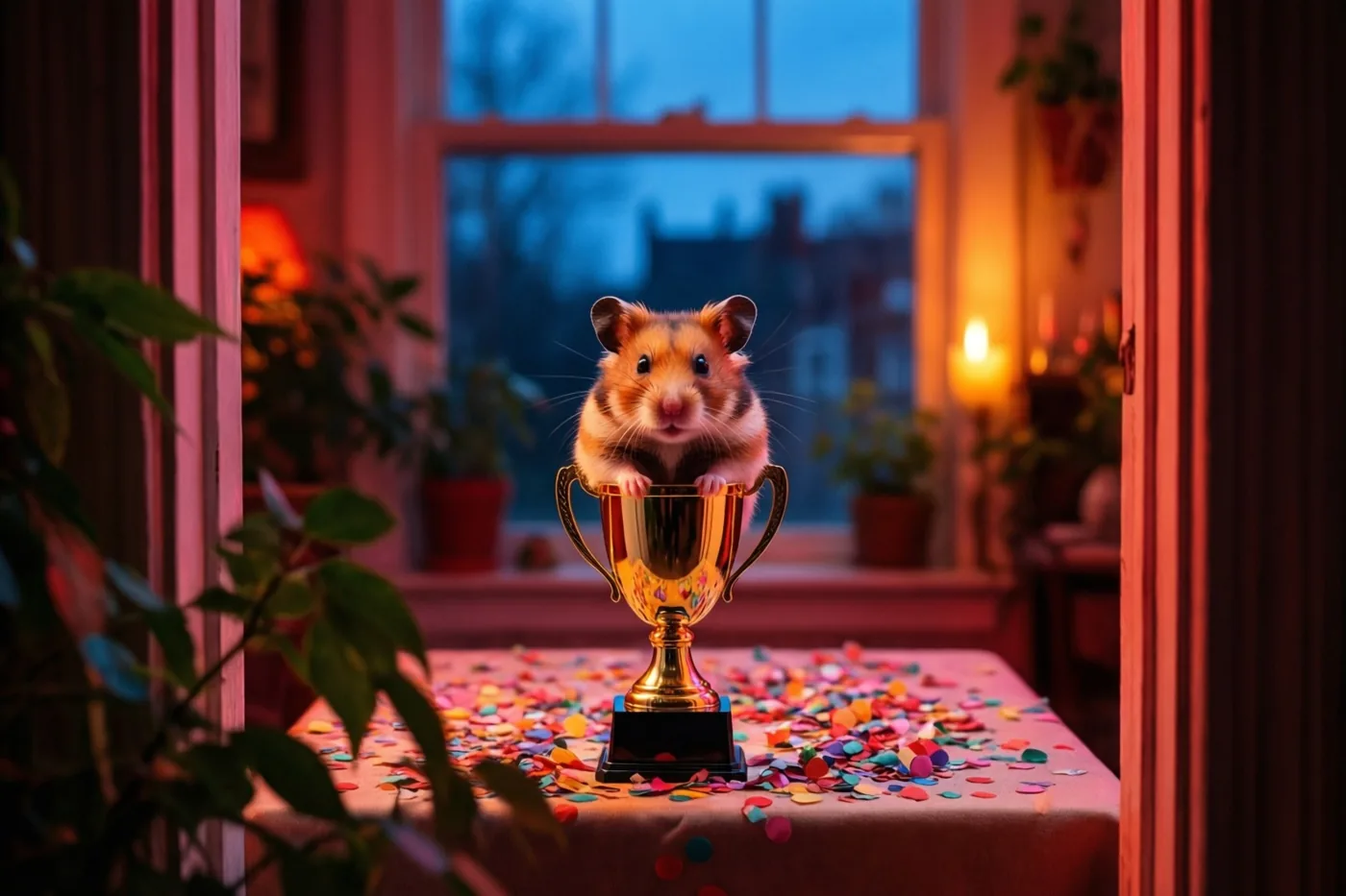 Een hamster zit in een kleine gouden beker op een tafel met kleurrijke confetti, in een warm verlichte kamer met een schemerblauwe lucht achter het raam.