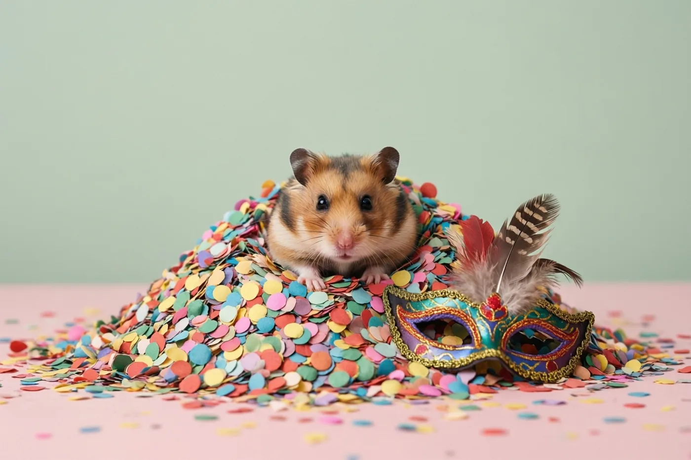 Een hamster kijkt uit een hoop kleurrijke confetti op een roze ondergrond naast een versierd verenmasker, tegen een effen lichtgroene achtergrond.