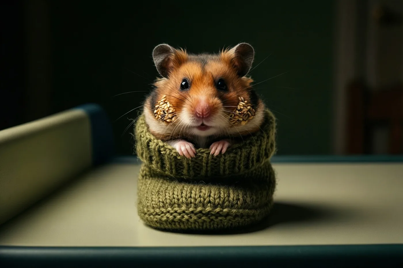 Een oranjebruine hamster met zonnebloempitten in zijn wangen piept uit een groen gebreid babyslofje op een verzorgingstafel tegen een donkere achtergrond.