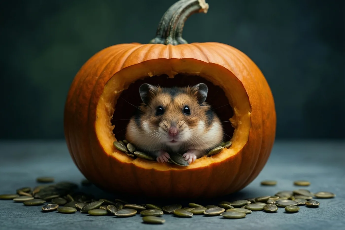 Een bruin-witte hamster kijkt uit de uitgesneden mond van een miniatuurpompoen, met groene pompoenpitten op een grijze ondergrond tegen een donkere achtergrond.