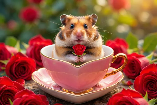 Een kleine hamster houdt een rode roos vast in een roze hartvormig theekopje met gouden rand, omringd door rode rozen in een warm verlichte tuin.
