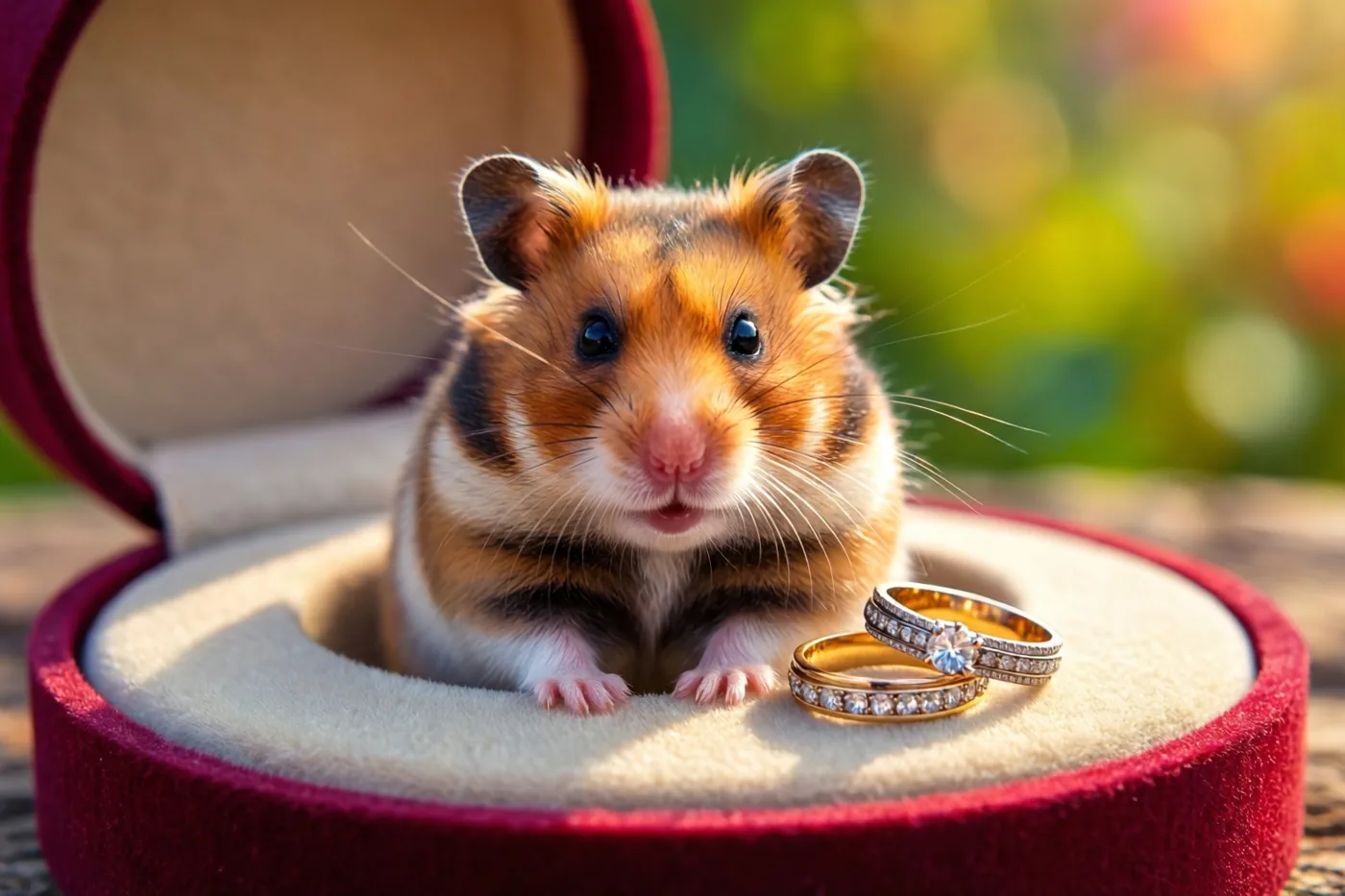 Een oranje-witte hamster zit in een open rood fluwelen ringdoosje naast twee gouden trouwringen met diamanten en kijkt naar de camera, met een wazige groene en gele buitenachtergrond.