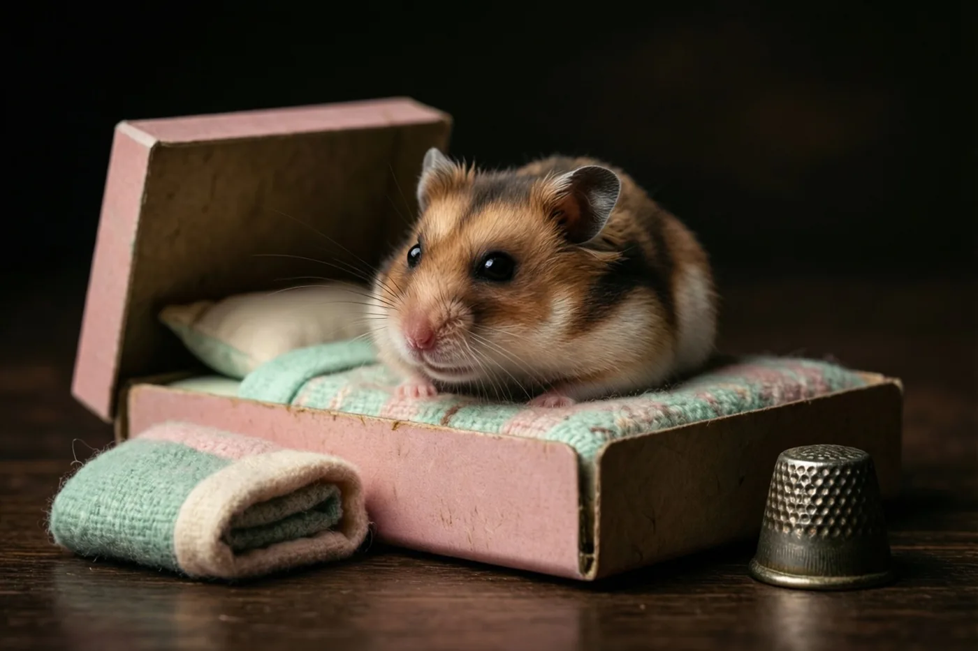 Een kleine hamster ligt in een open roze luciferdoosje met een gebreid dekentje, op een donker houten oppervlak naast een opgerold dekentje en een metalen vingerhoed.