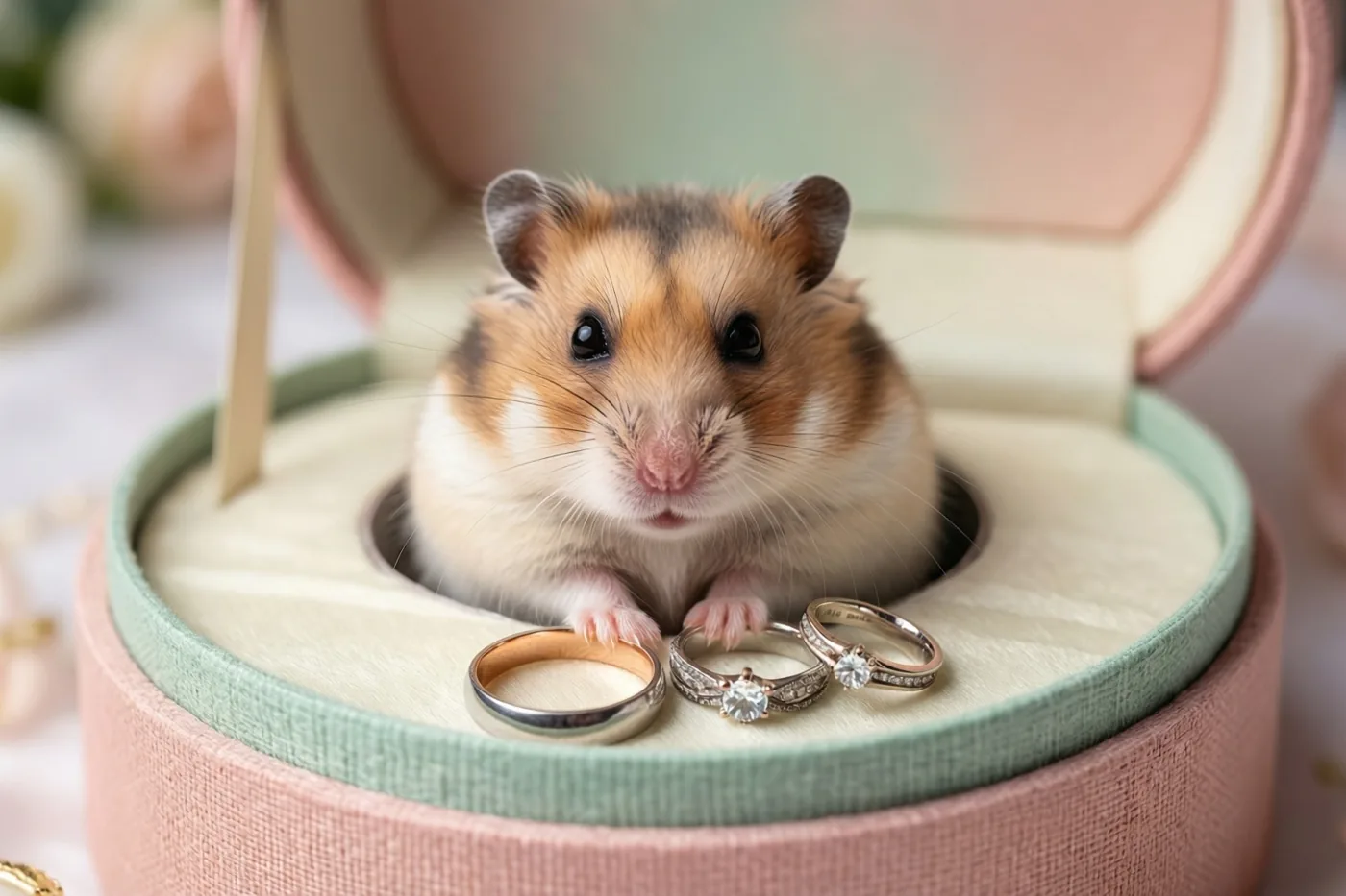 Een bruin-witte hamster zit bij twee trouwringen in een open rond roze ringdoosje, tegen een wazige achtergrond in pasteltinten.