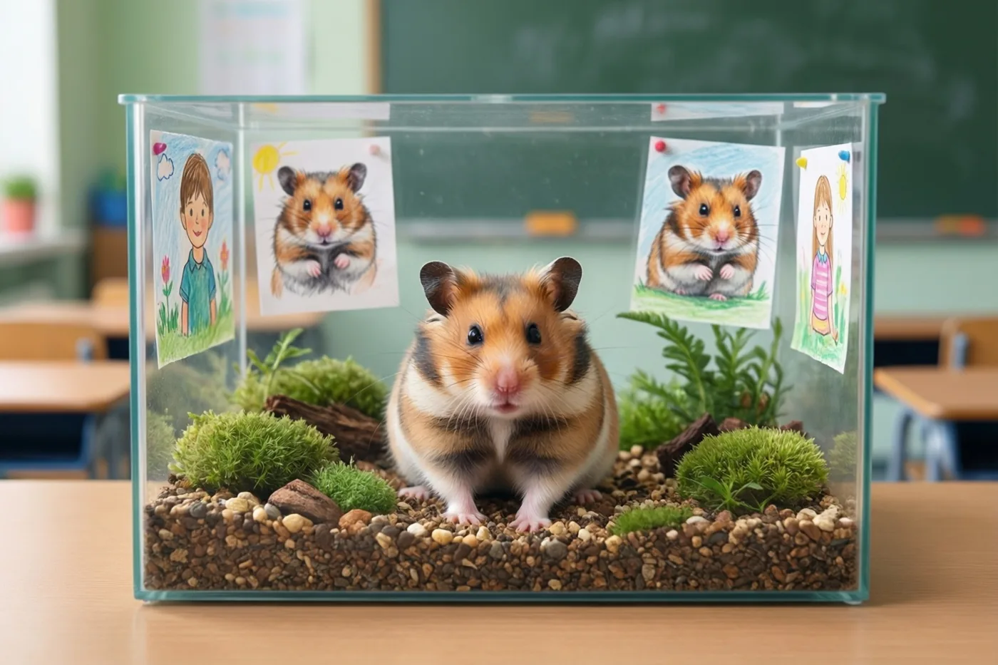 Een hamster zit in een glazen terrarium met kindertekeningen aan het glas op een schoolbank, met een groen schoolbord en houten banken erachter.