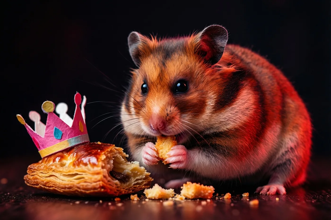 Een kleine hamster met een oranje en bruine vacht knabbelt aan een kruimel van een goudbruine galette tegen een donkere achtergrond in warm licht.