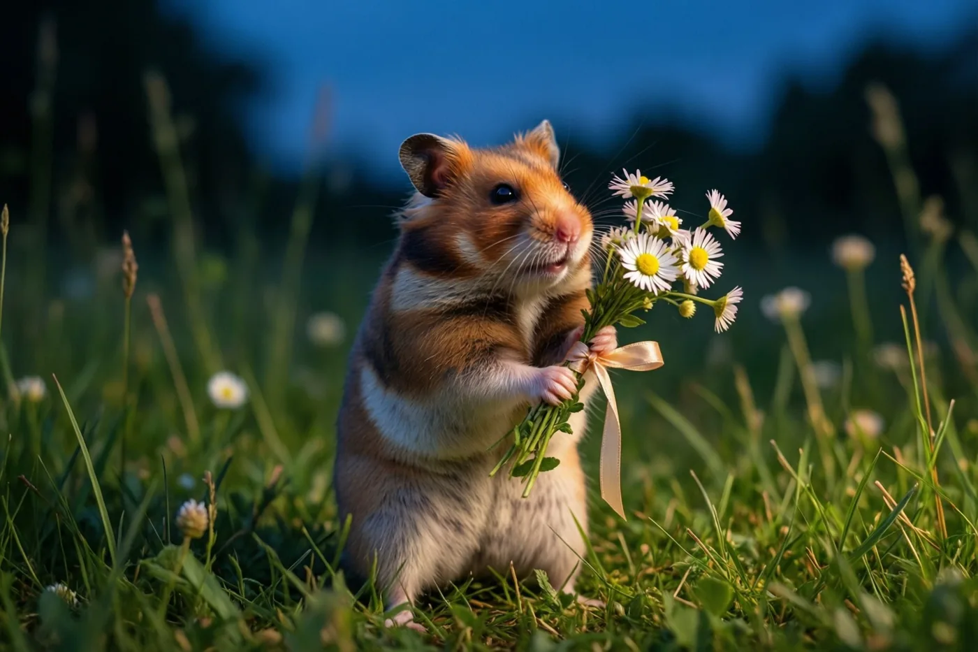 Een kleine hamster staat rechtop in het gras met een boeketje madeliefjes met lint, belicht door warm licht onder een schemerige blauwe hemel.