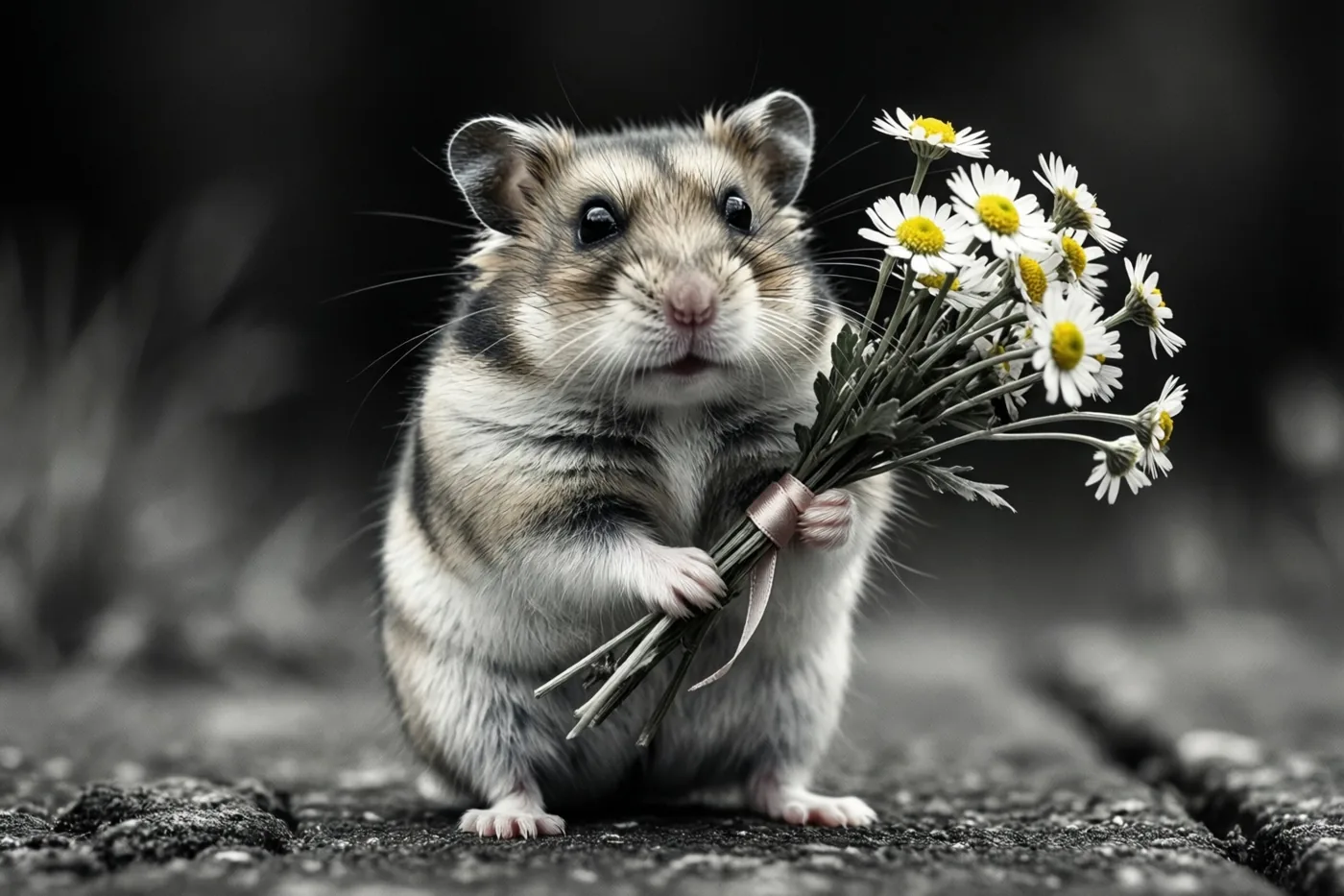 Een kleine hamster staat rechtop op een ondergrond met structuur en houdt een boeketje madeliefjes met een lint vast voor een donkere, wazige achtergrond.