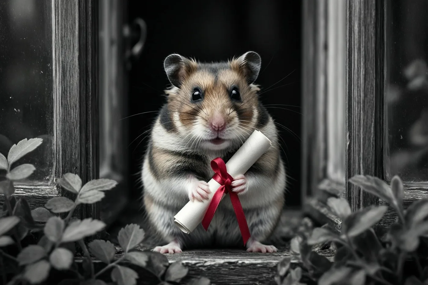 Een hamster staat in een deuropening met een opgerold diploma in een grotendeels monochroom beeld waarin het rode lint opvalt.