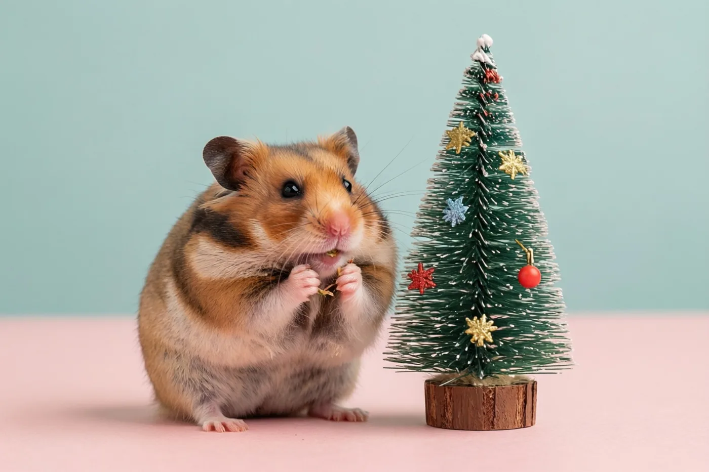 Een bruin-witte hamster zit op een roze ondergrond en stopt eten uit zijn pootjes in zijn wangen, naast een klein kerstboompje met gouden en rode versieringen tegen een lichtblauwe achtergrond.
