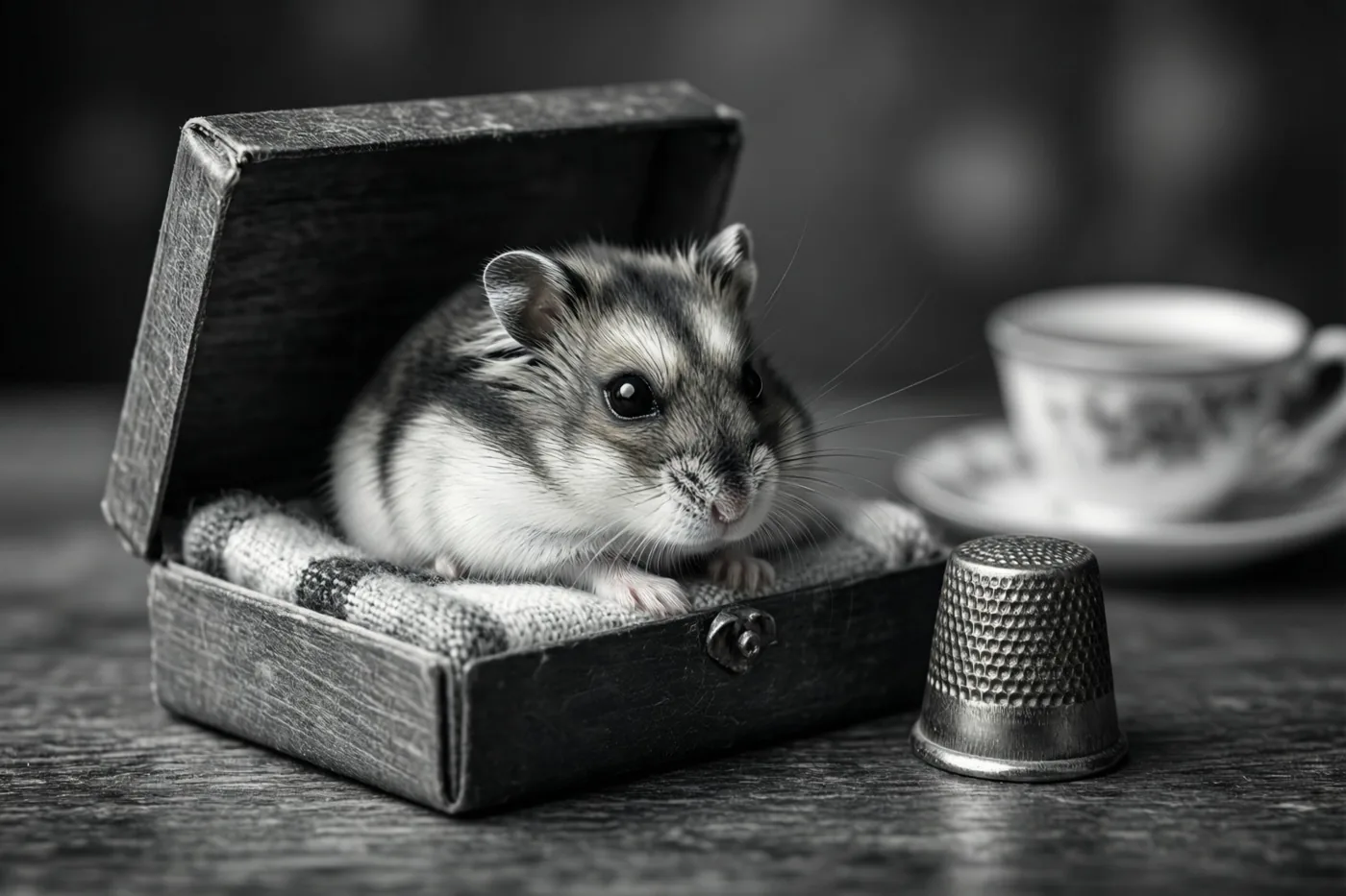 Een kleine hamster ligt in een open luciferdoosje met een geruit dekentje naast een metalen vingerhoed en een theekopje op een schoteltje, in een monochroom beeld op donker hout.