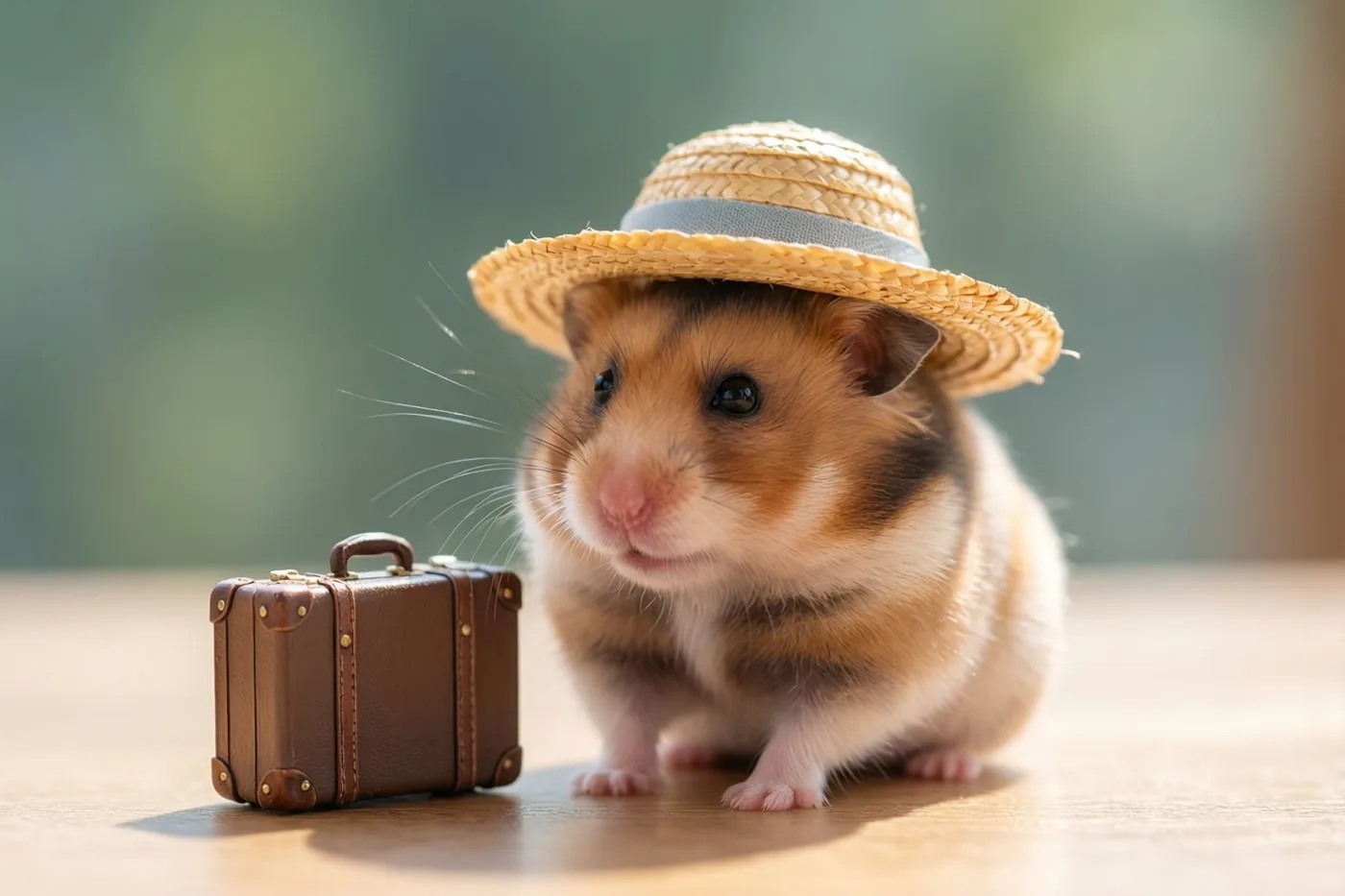 Een kleine hamster met een strohoed zit op een houten tafel naast een bruin miniatuurkoffertje, met een zachte onscherpe groene achtergrond.