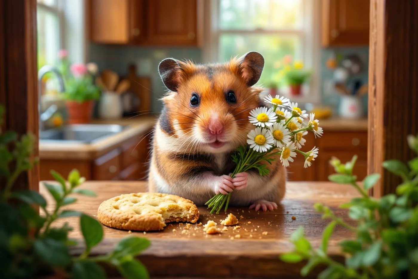 Een hamster zit met een boeketje madeliefjes op een houten keukentafel naast een deels opgegeten koekje, in een warm verlichte keuken met houten kasten en groen.