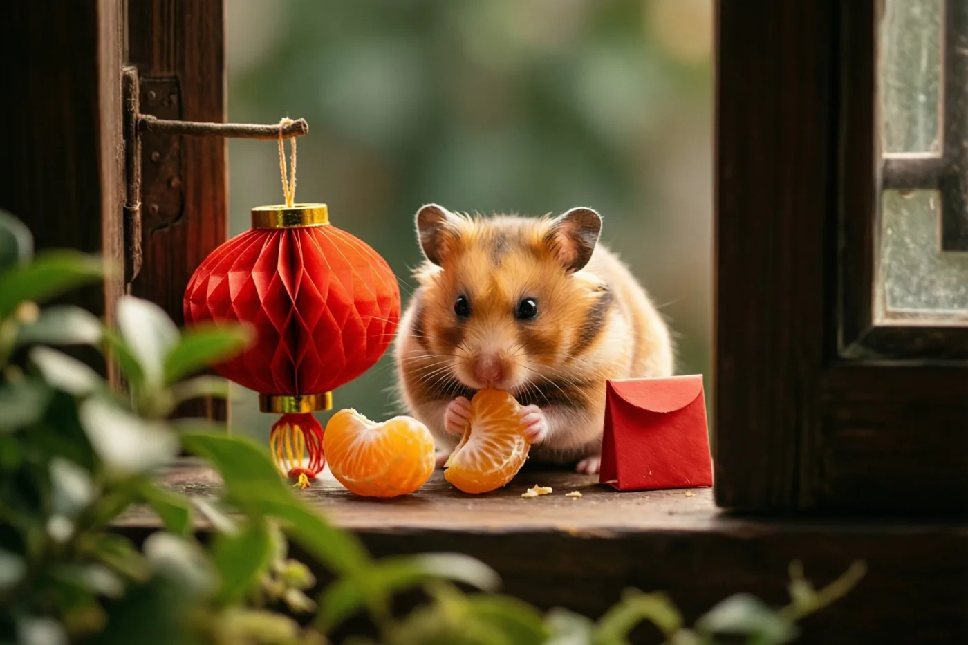 Een goudkleurige hamster knabbelt aan een partje mandarijn op een houten vensterbank naast een miniatuurlantaarn van rood papier en een klein rood envelopje, met groene bladeren op de voorgrond.