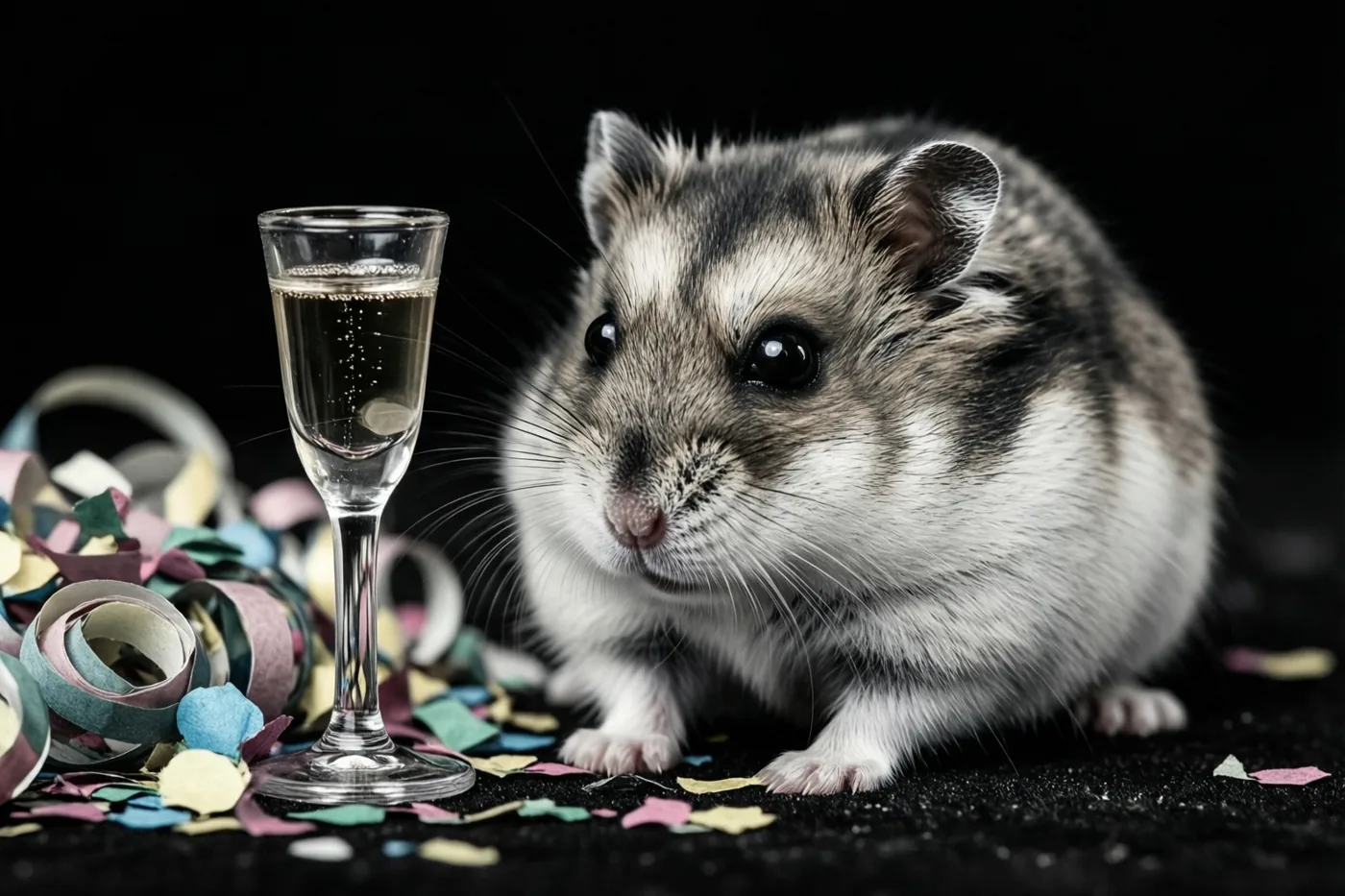 Een grijs-witte hamster zit naast een miniatuur champagneglas met een bruisende drank tussen kleurrijke confetti, op een zwarte ondergrond tegen een zwarte achtergrond.