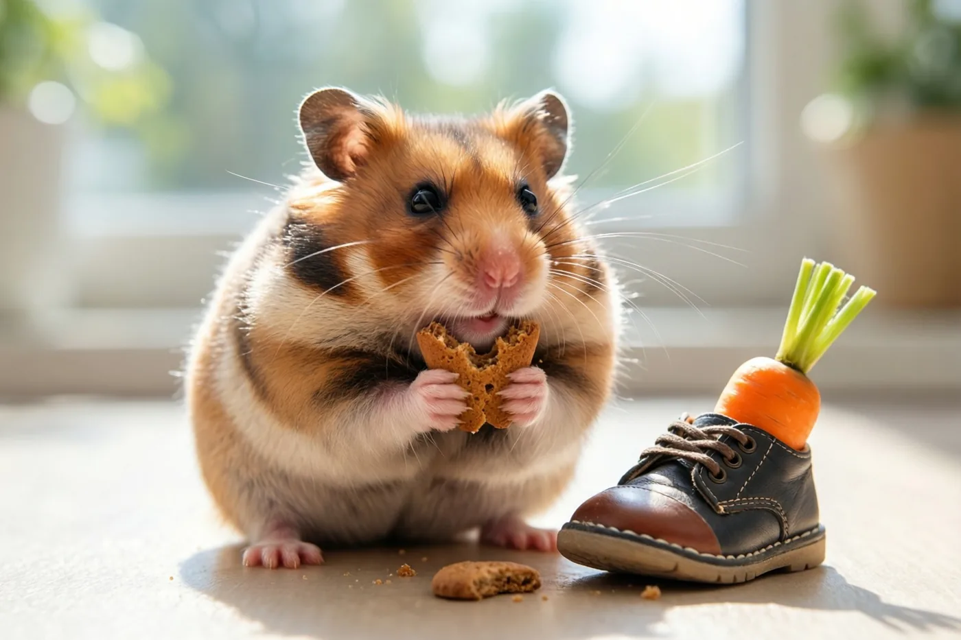 Een kleine hamster eet een gebroken pepernoot op een lichte vloer naast een klein zwart kinderschoentje met een wortel met loof, bij zacht daglicht.