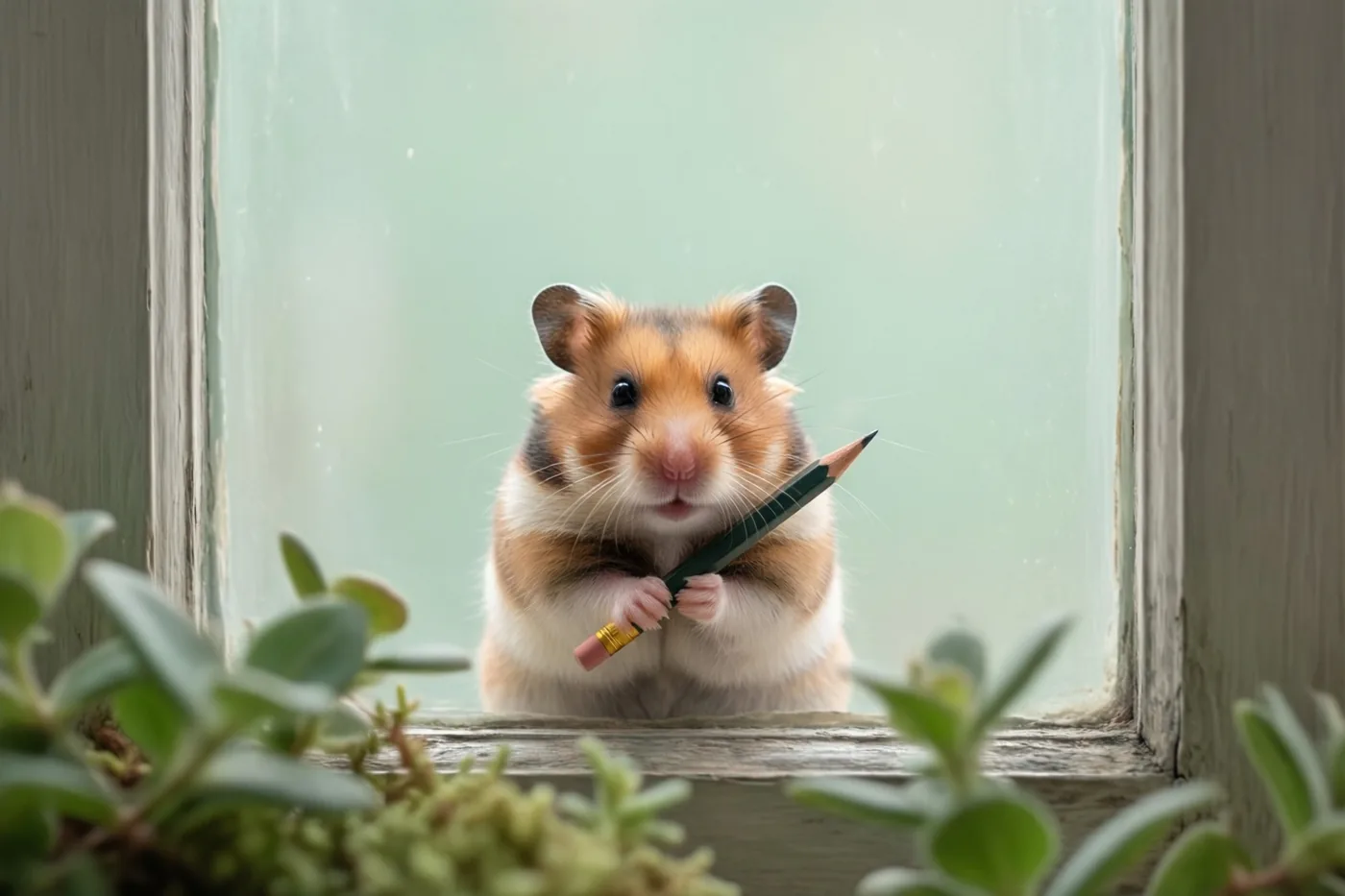 Een kleine oranje-witte hamster kijkt uit een raam en houdt een geslepen potlood vast, met groene bladeren op de voorgrond.