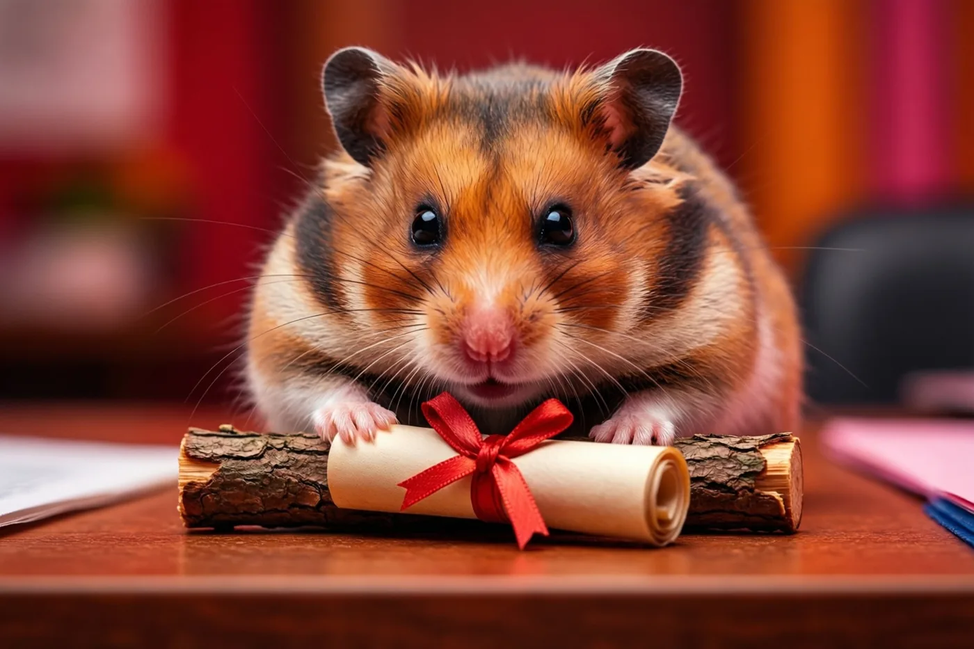 Een kleine hamster met oranje en zwarte vacht houdt op een houten bureau een opgerold diploma met rood lint vast, tegen een onscherpe achtergrond in warme rode en oranje tinten.