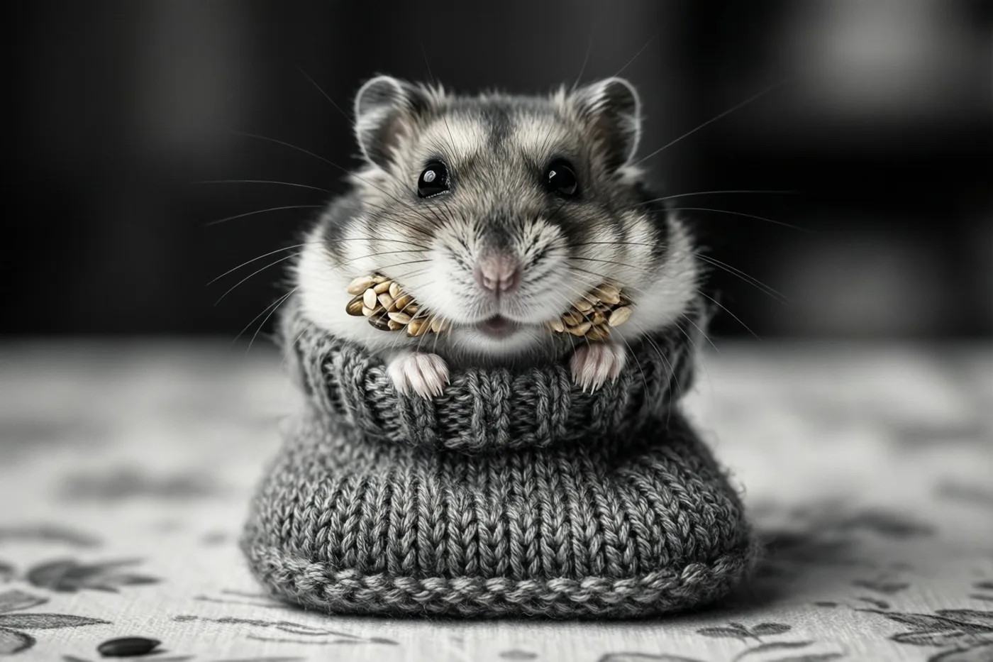 Een hamster met zaadjes in zijn wangen kijkt uit een klein gebreid babyslofje op een ondergrond met een patroon, met een donkere wazige achtergrond.