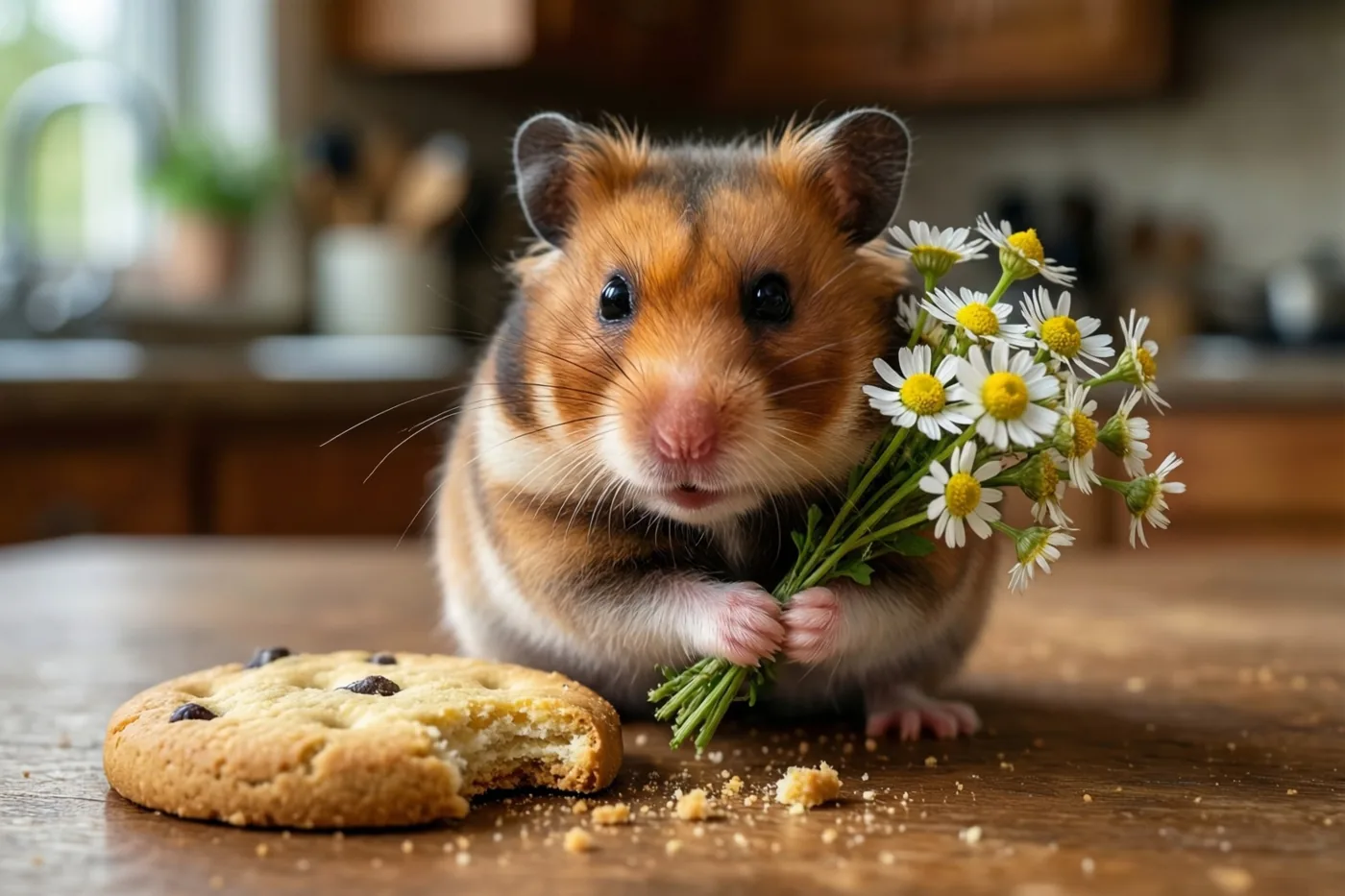 Een oranje-witte hamster houdt op een houten keukentafel witte madeliefjes met gele hartjes vast, naast een deels opgegeten koekje met chocoladestukjes en losse kruimels.