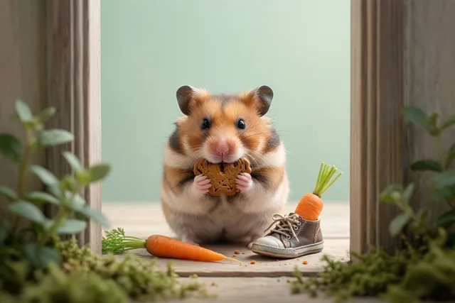Een hamster zet zijn schoentje