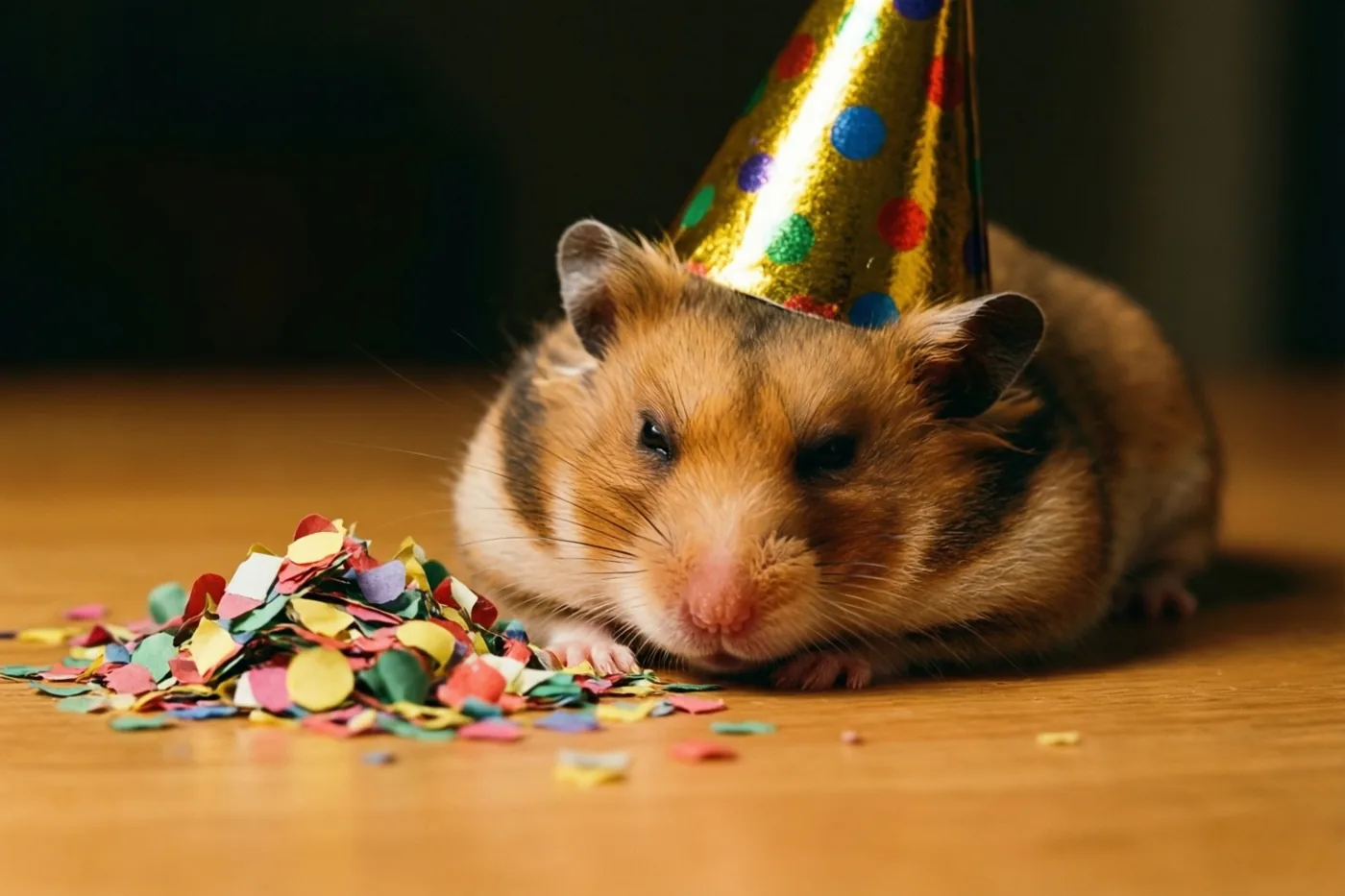 Een kleine hamster met een gouden feesthoedje met kleurrijke stippen ligt naast veelkleurige confetti op een houten vloer in warm licht, tegen een donkere achtergrond.