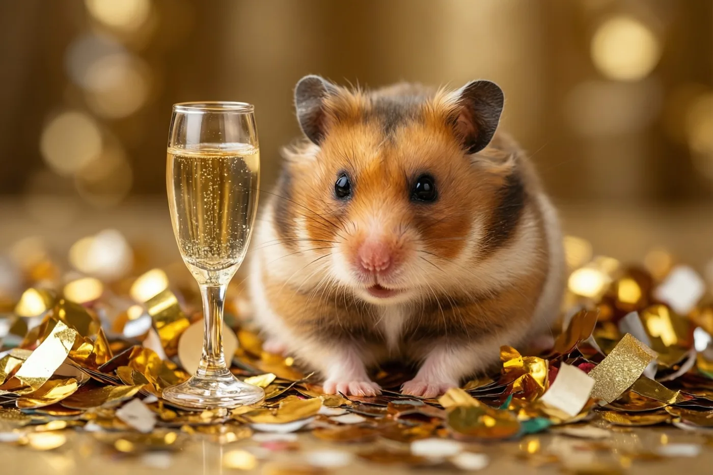 Een bruin-witte hamster zit naast een champagneglas met een bruisende drank op een glinsterend oppervlak met gouden confetti, tegen een onscherpe gouden achtergrond.