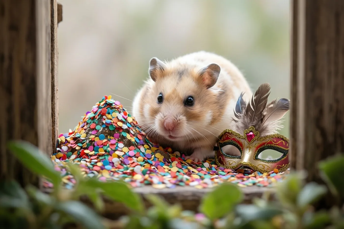 Een kleine hamster piept van achter een hoop kleurrijke confetti naast een sierlijk verenmasker, omlijst door houten randen en groen.