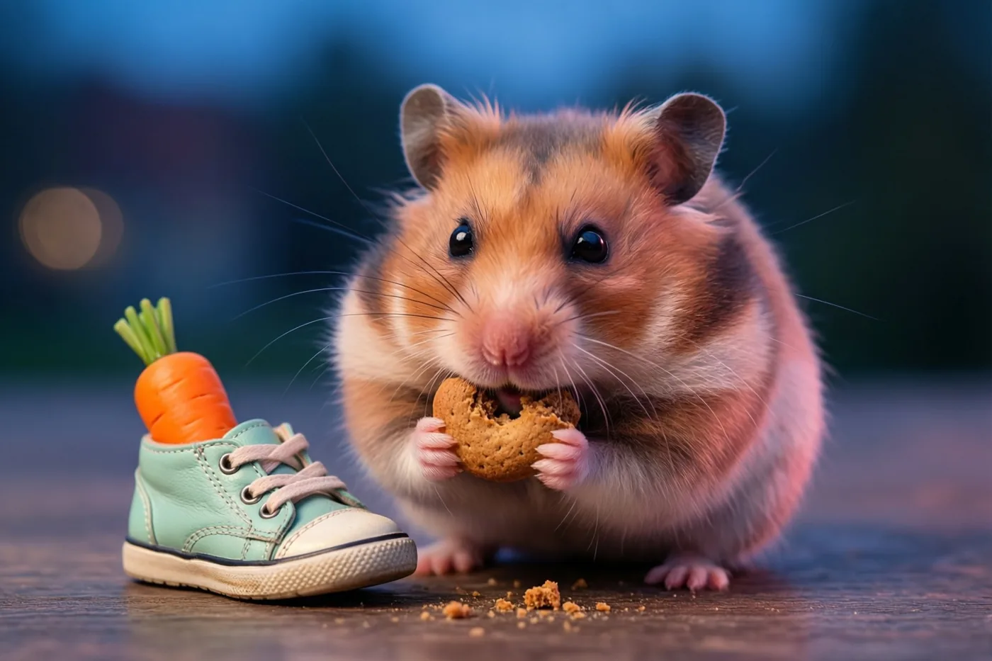 Een kleine hamster eet een koekje op een houten oppervlak naast een piepkleine mintgroene schoen met een wortel erin, tegen een blauwe achtergrond.